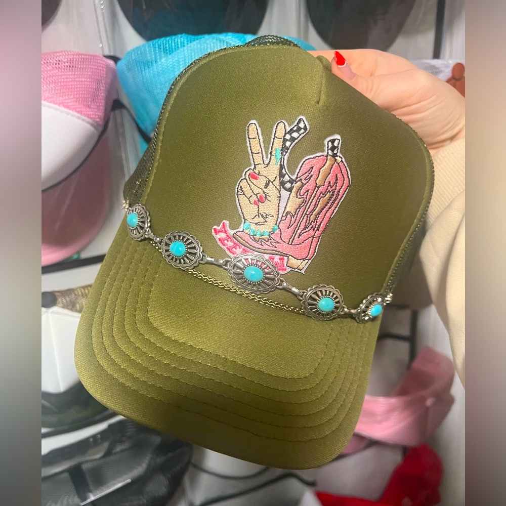 Olive Green Trucker Hat with Turquoise Accents